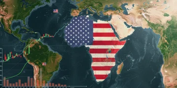 Map of Africa with US flag colors, symbolizing US engagement for economic stability by 2025.