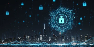 Futuristic digital shield protecting a U.S. business from AI cyberattacks.