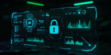 AI-powered cybersecurity dashboard displaying ransomware defense strategies and rapid recovery metrics for 2025.