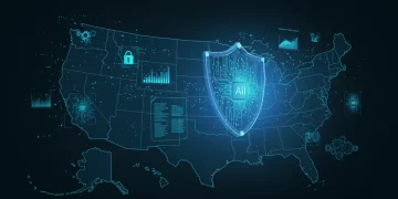 Digital shield protecting data with AI symbols and legal documents, representing AI data privacy compliance for U.S. companies.