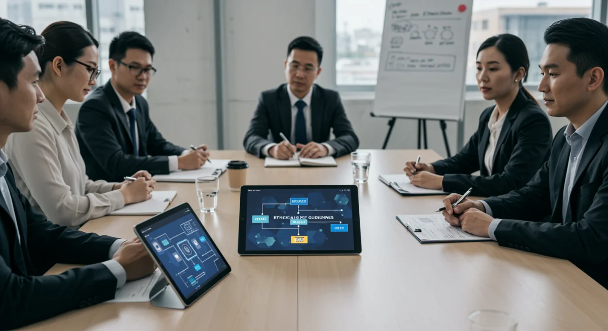 Team collaborating on AI ethical guidelines and policy development