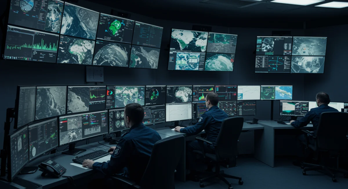 Analysts monitoring real-time geopolitical data in a high-tech control room