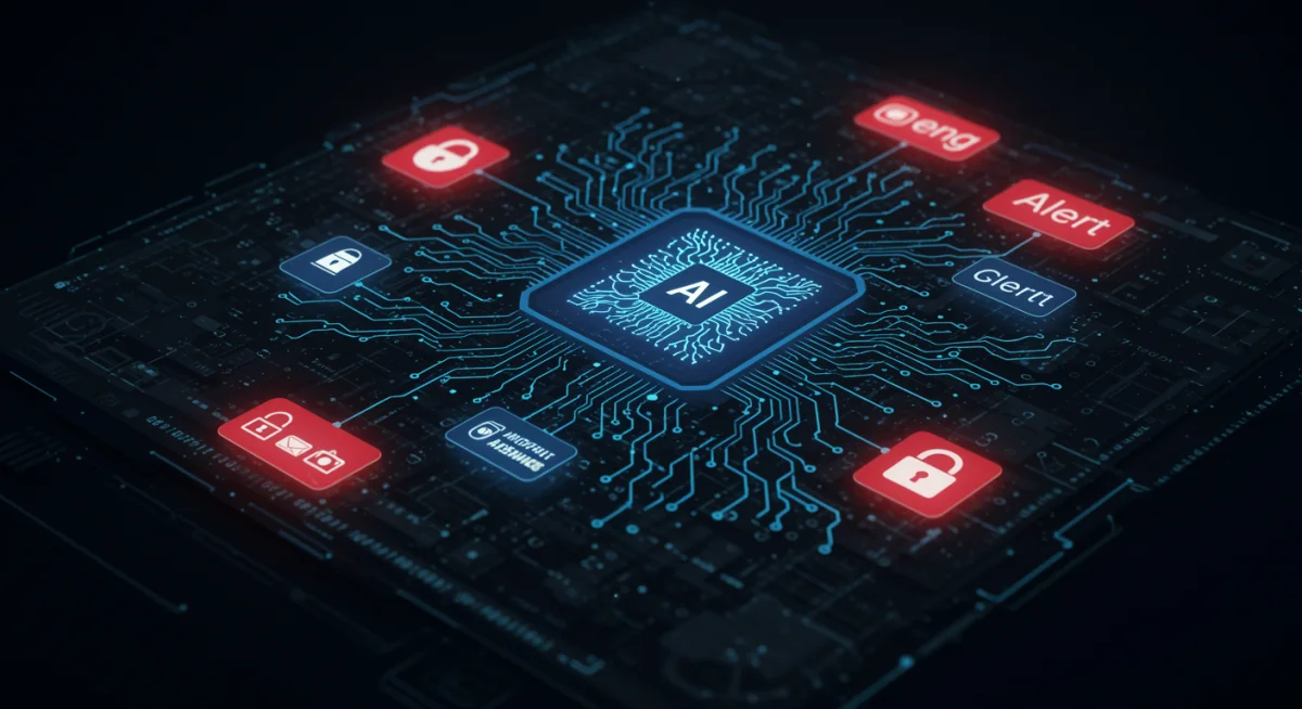 AI algorithm analyzing data for phishing detection, showing complex patterns and alerts.