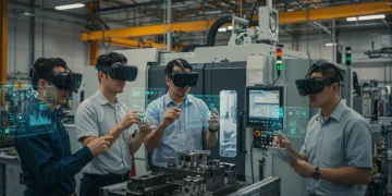 Engineers using AR headsets for industrial maintenance in a US factory setting, showing digital information overlays.