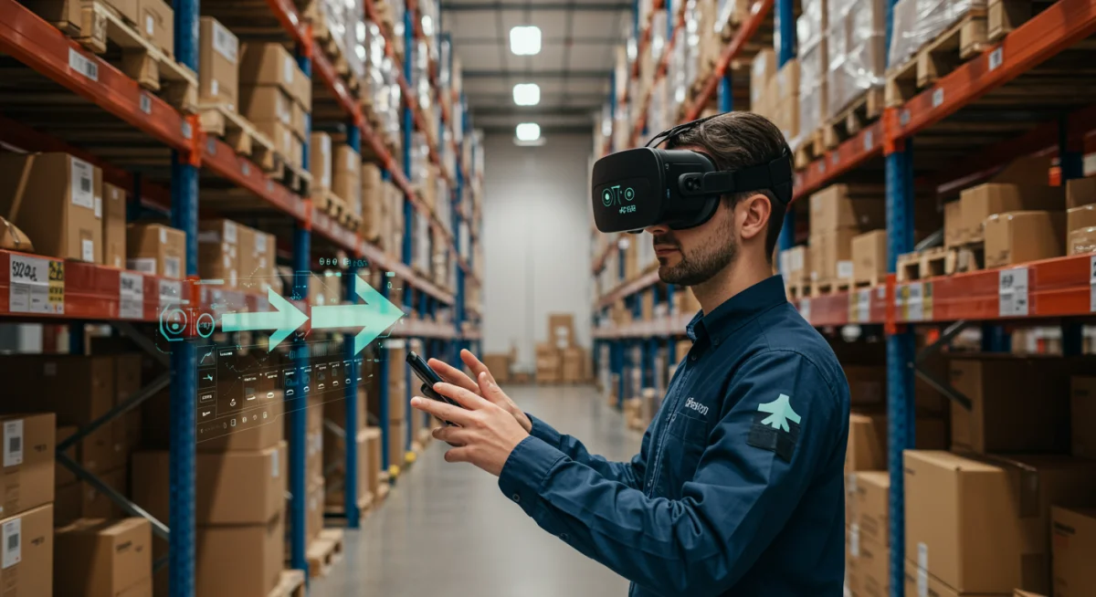 Logistics worker using AR for efficient warehouse picking and inventory management.