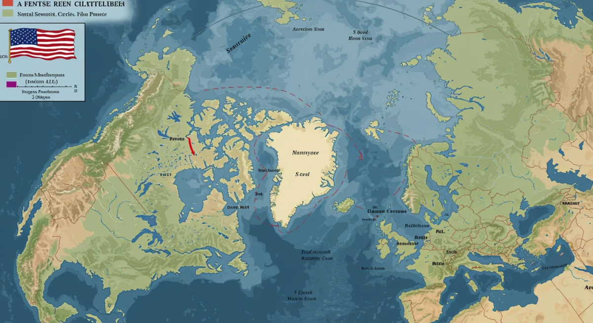 Geopolitical map of the Arctic showing shipping lanes, resource locations, and national claims.