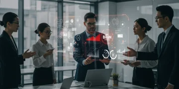 Business team analyzing AI bias risks on a holographic display