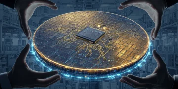 Semiconductor wafer glowing with intricate circuits, representing US manufacturing growth from CHIPS Act 2025.