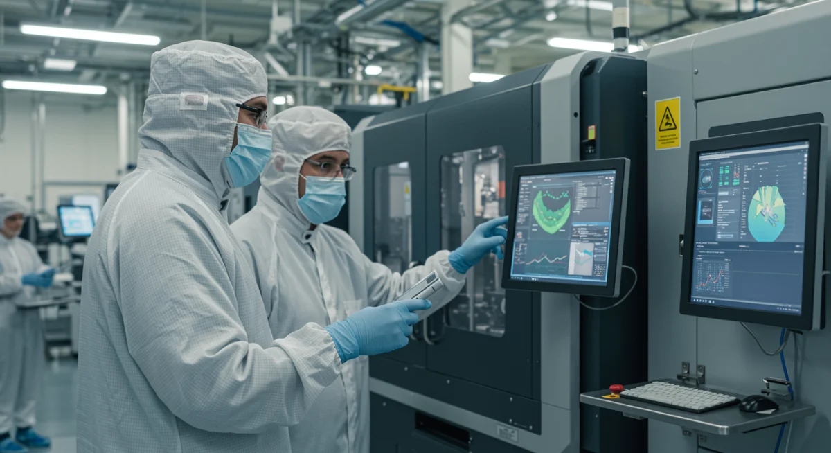 Engineers in cleanroom inspecting semiconductor fabrication equipment in a US plant.