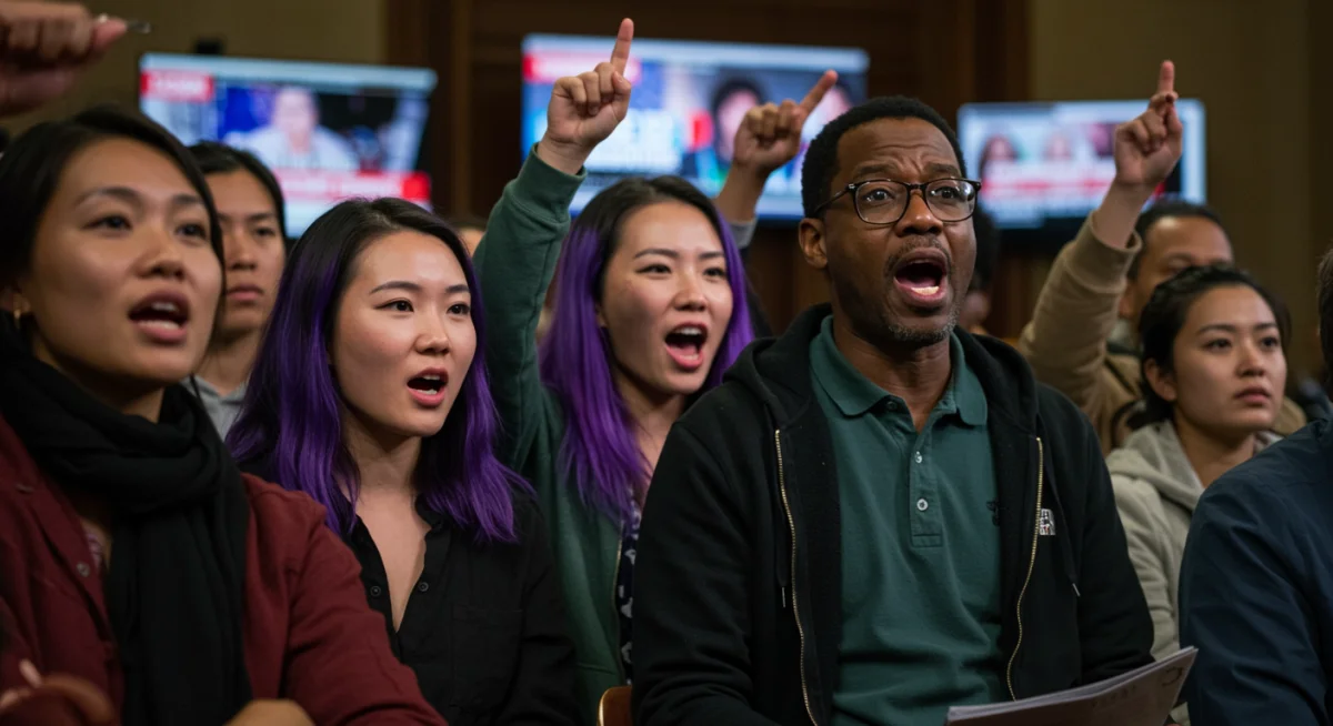 Diverse group in a public forum, symbolizing community resilience against disinformation.