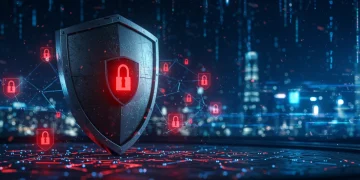 Digital shield protecting a vulnerable network grid with red alerts, symbolizing cybersecurity threats.