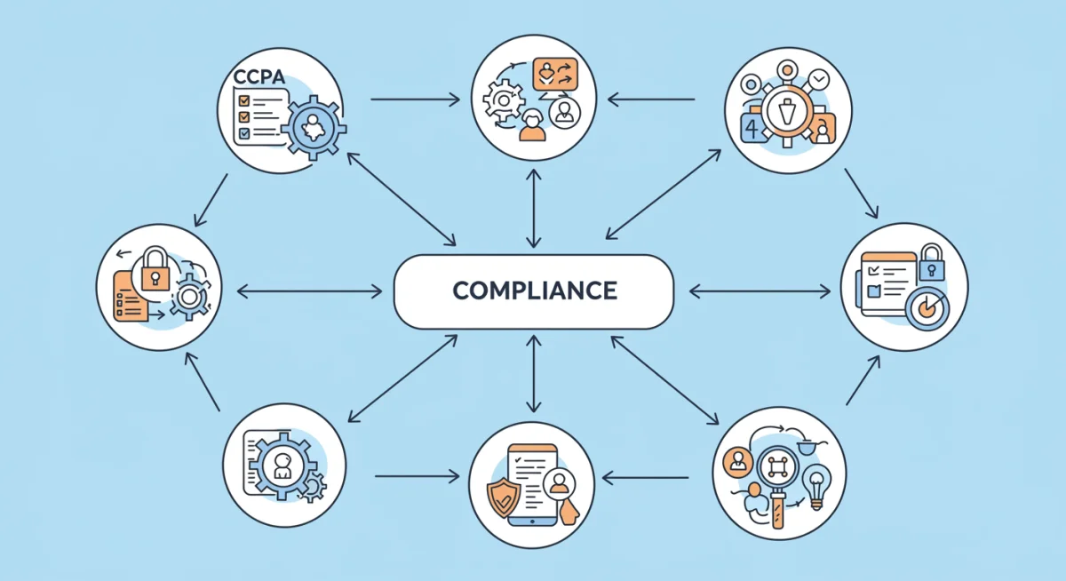 Flowchart showing interconnected data privacy regulations like CCPA and GDPR, leading to AI compliance.