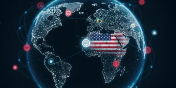 Digital globe with interconnected data streams representing global disinformation threats against the US.