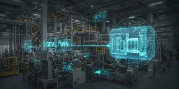 Digital twin technology overlaying a factory floor in the US industrial sector, showing data connections and virtual models.