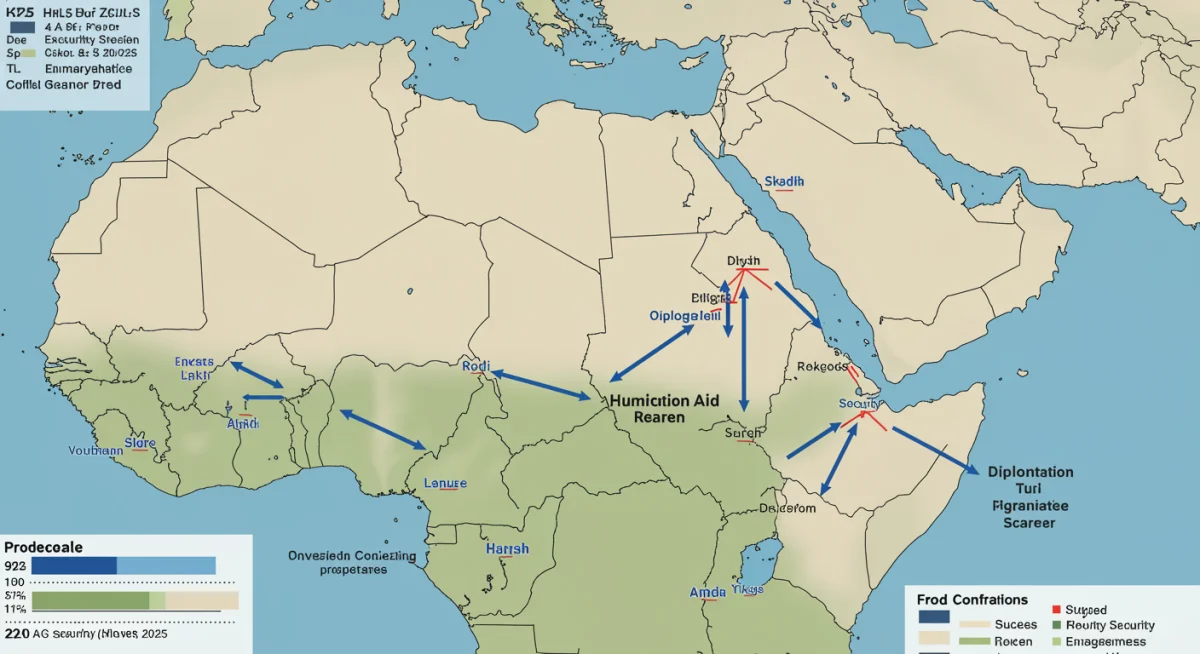 Infographic showing the interconnectedness of diplomatic, humanitarian, and security aid in regional conflict zones.