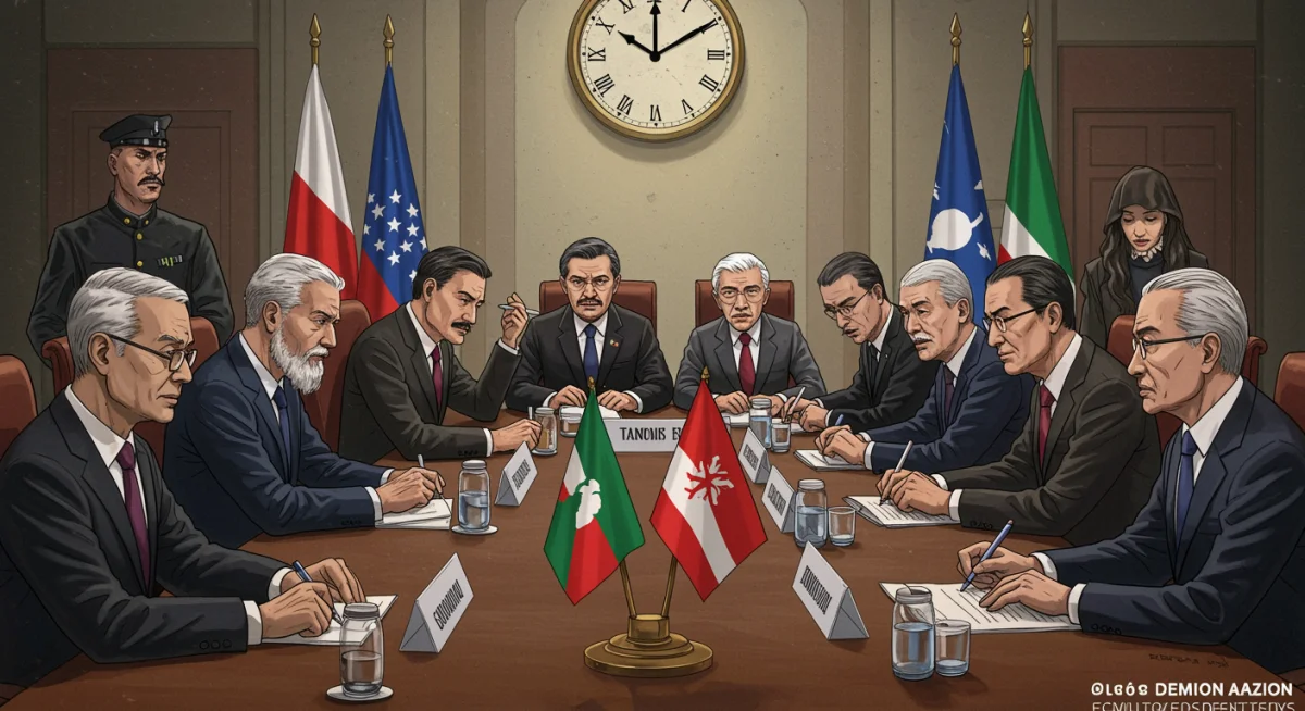 International diplomats negotiating at a table, time-sensitive discussions