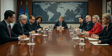 Diplomats engaging in high-level discussions for global peace and regional stability