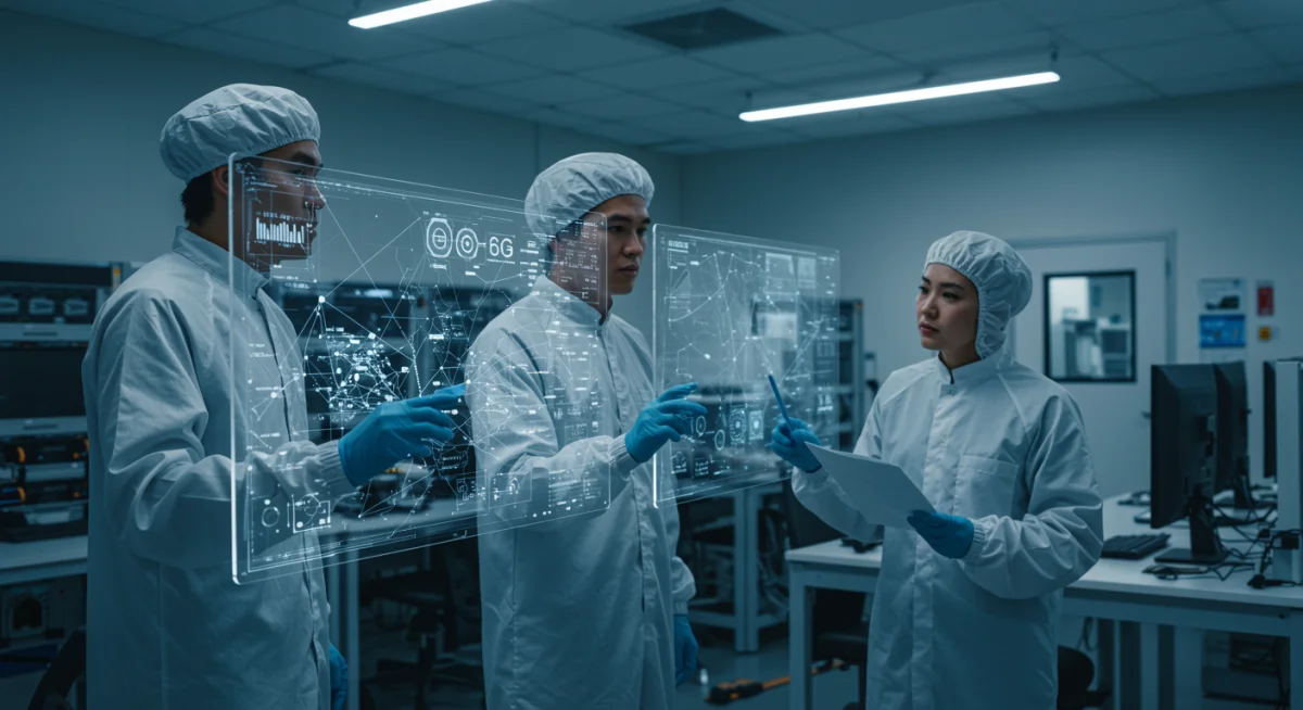 Engineers analyzing 6G network diagrams and advanced computing equipment in a lab.