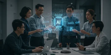 Professionals collaborating on ethical AI framework in U.S. startup setting