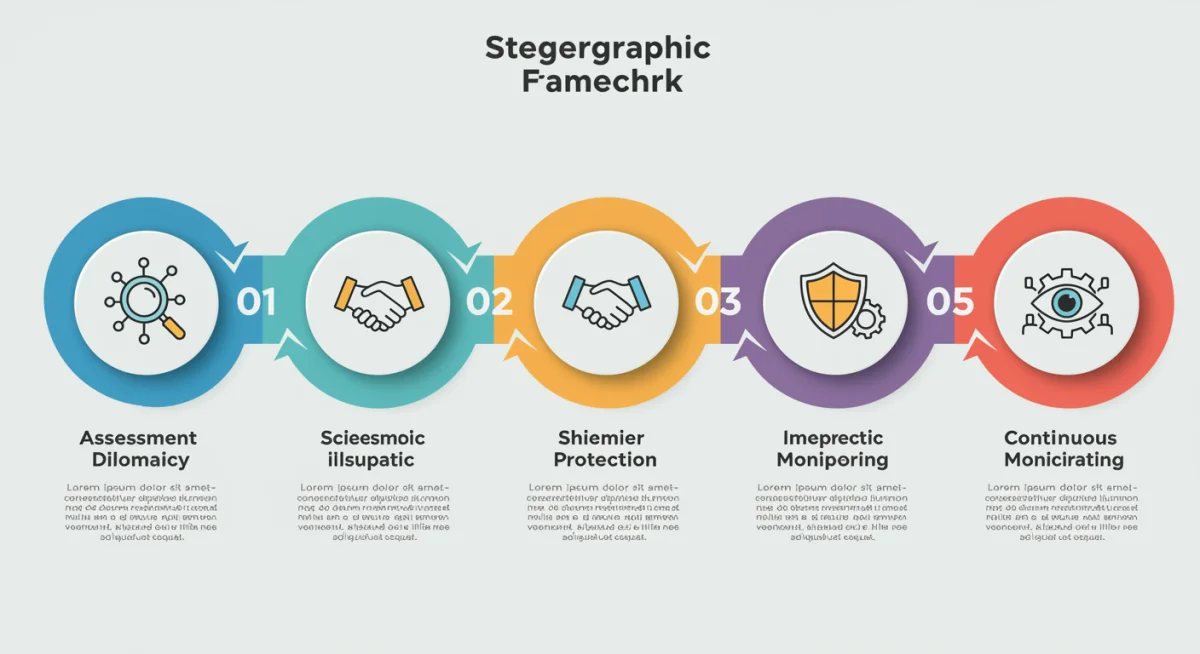 Diagram illustrating a 5-step framework for conflict resolution and national interest protection.