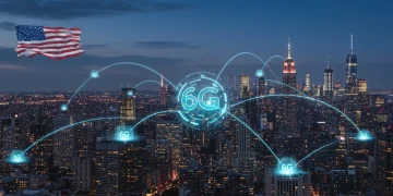 Futuristic cityscape with glowing data streams representing advanced 6G networks in the US.