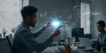 Futuristic developer with generative AI code interface