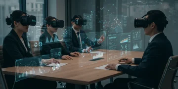Business professionals collaborating in a futuristic metaverse environment