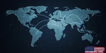 Global map with AI circuits, symbolizing US geopolitical intelligence advantages