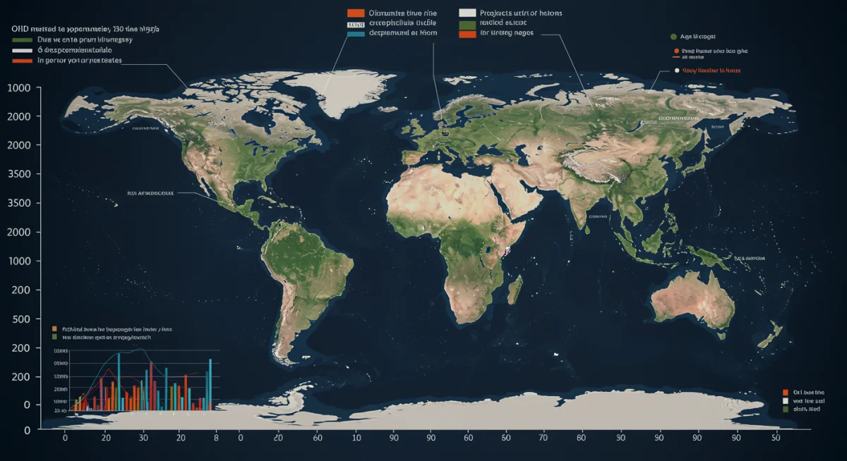 Global climate change data visualization showing temperature and displacement trends
