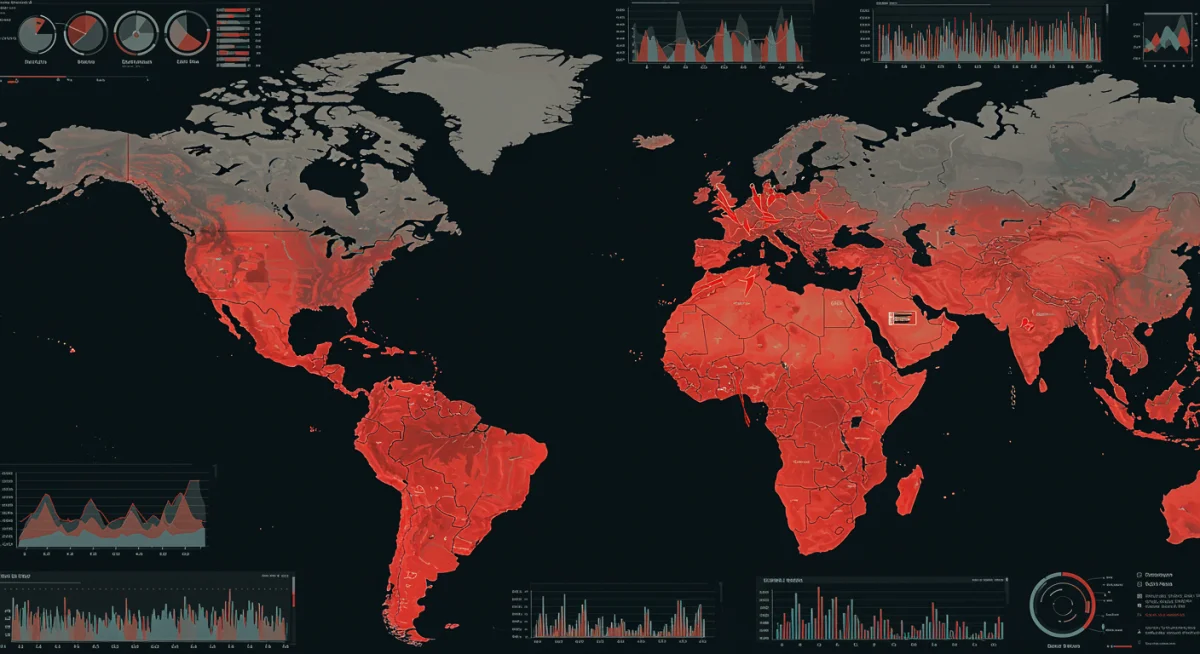 Global map highlighting two regional conflict zones with strategic US military considerations and data overlays.