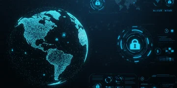 Global cyber warfare map with US defense strategies