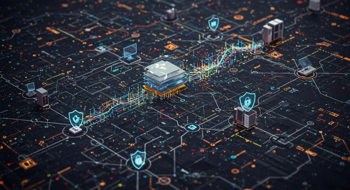 Global cybersecurity infrastructure network diagram with data flow