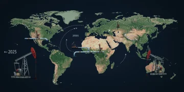 Global oil markets influenced by US geopolitical strategies in 2025, showing interconnected energy flows.