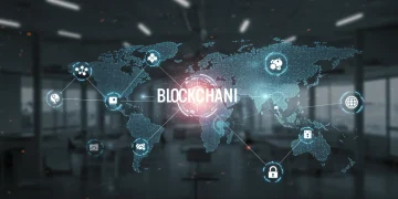 Global supply chain network enhanced by blockchain technology, showing interconnected nodes and secure data ledgers.
