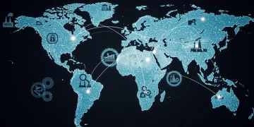 Global supply chain network with highlighted US, critical minerals, and strategic partnerships