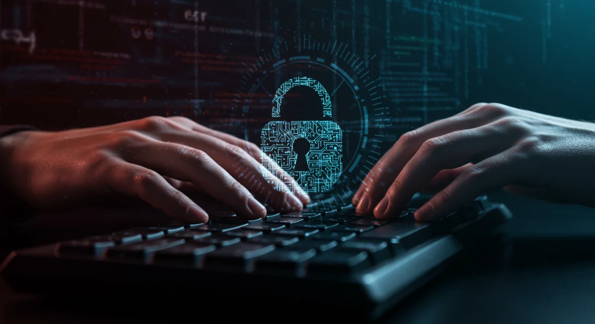 Hacker's hands on keyboard, with digital lock and code, illustrating a zero-day exploit.