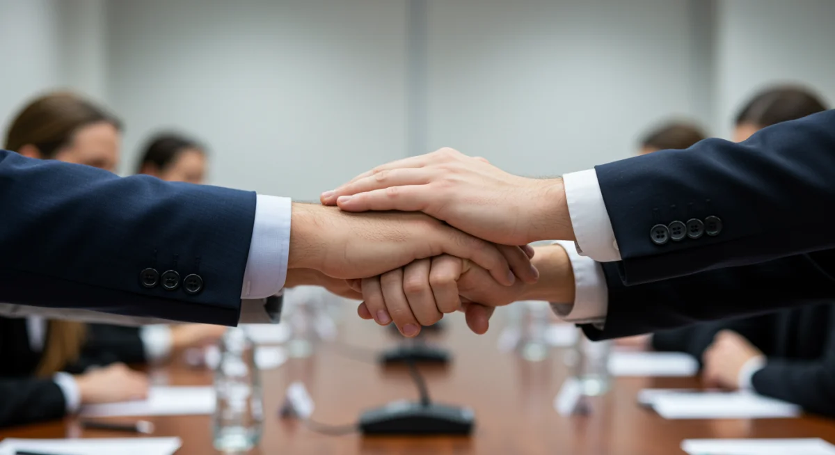 Diverse hands clasped in unity, symbolizing strong international alliances