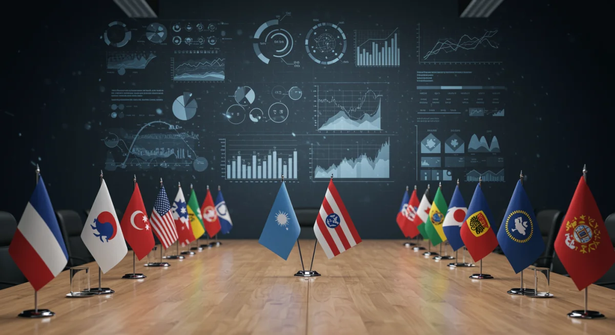 International flags and military insignias on a conference table, symbolizing global alliances and diplomatic efforts