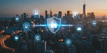 Digital shield protecting a network of IoT devices within a corporate environment, symbolizing robust cybersecurity measures.