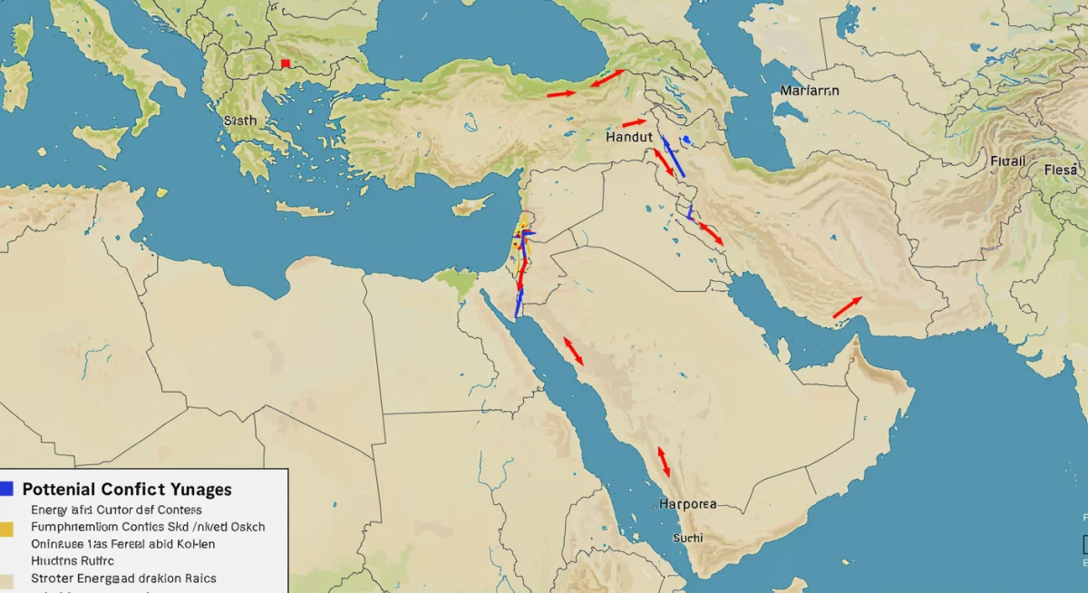 Map illustrating potential conflict zones and strategic interests in the Middle East.