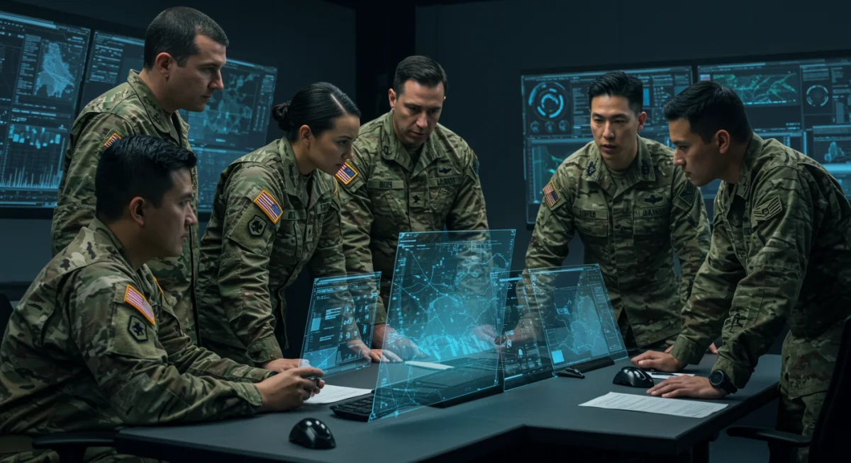 US military personnel collaborating at a digital command center during a simulation.