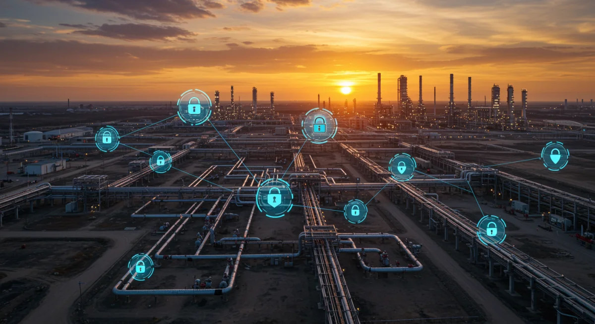 Intricate global oil supply chain infrastructure and digital security vulnerabilities.