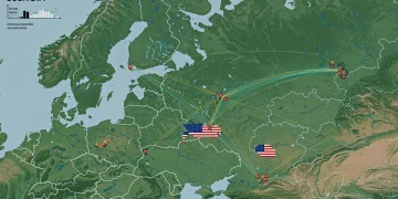 Stylized map showing Russia's geopolitical reach and US strategic response in 2025