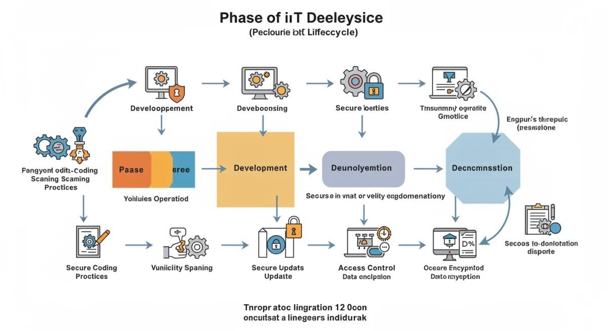 Secure IoT device lifecycle management diagram, showing security checkpoints from design to decommissioning.