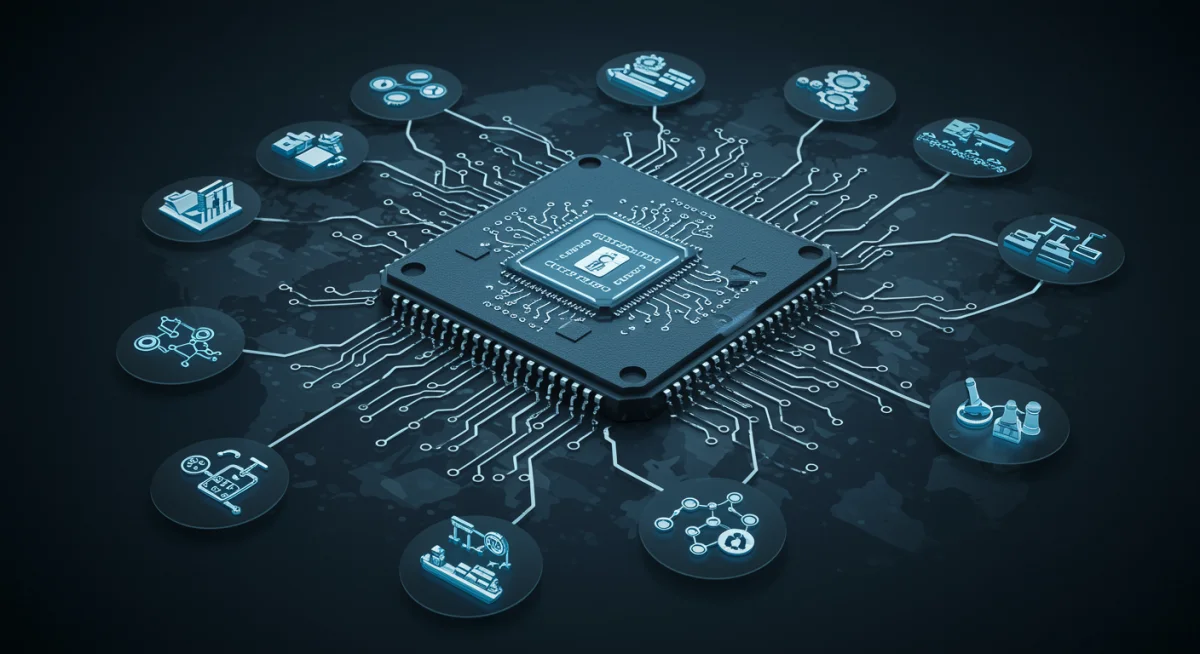 Intricate semiconductor chip with global supply chain icons, representing manufacturing and distribution challenges.