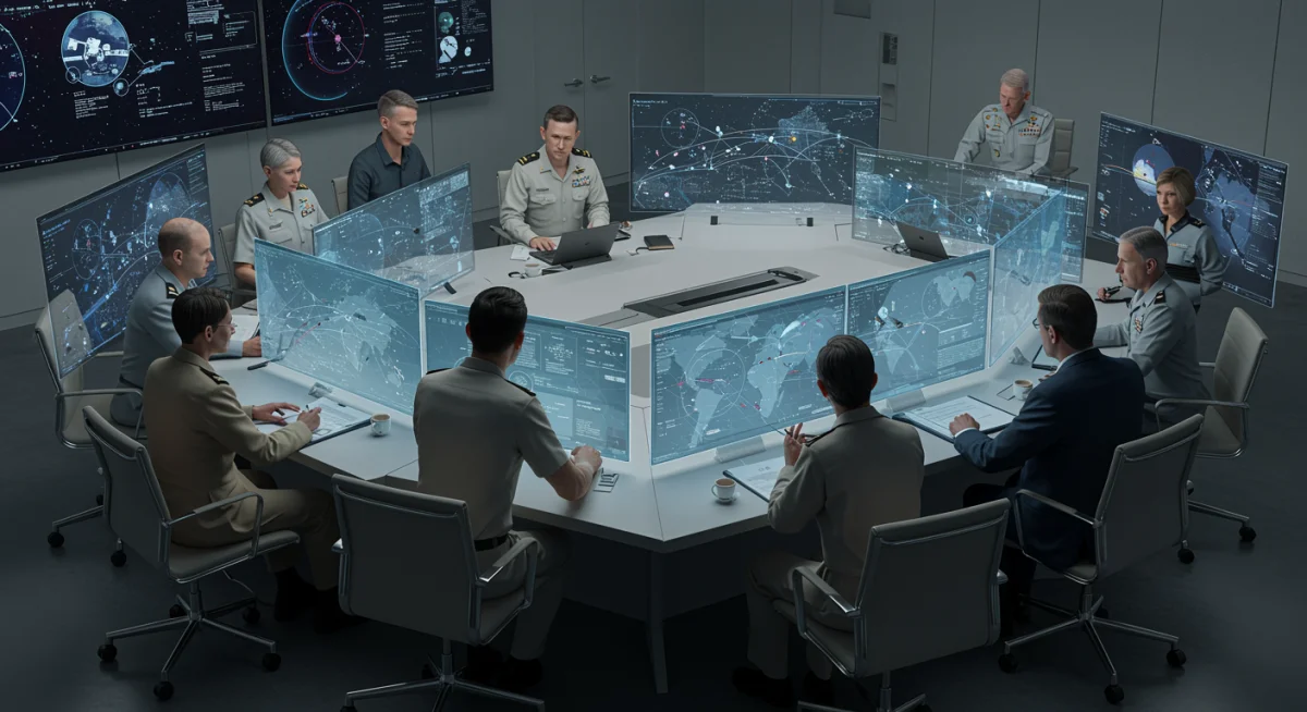 Leaders discussing future space security strategies and satellite networks.