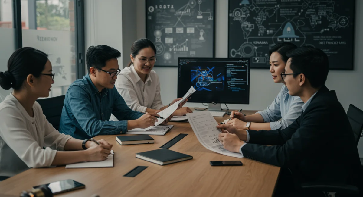 Tech company team discussing data privacy compliance strategies.