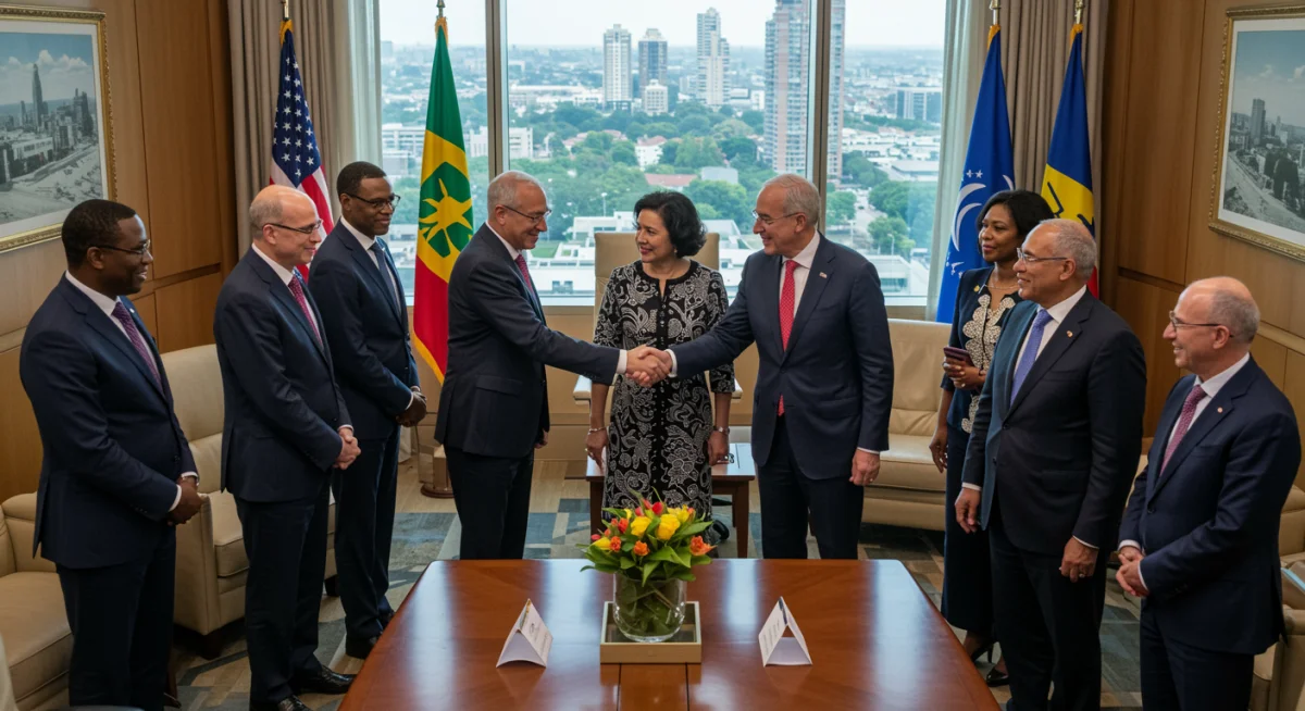 US and African leaders in a conference, symbolizing diplomatic cooperation and economic partnership.