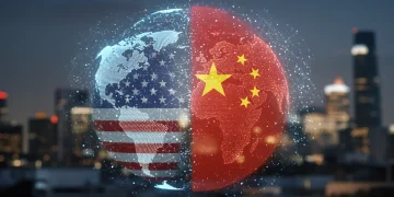 Digital globe with US and Chinese flags, symbolizing the US-China tech rivalry and global competition.