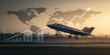 US military aircraft taking off, symbolizing increased defense spending amidst global conflicts